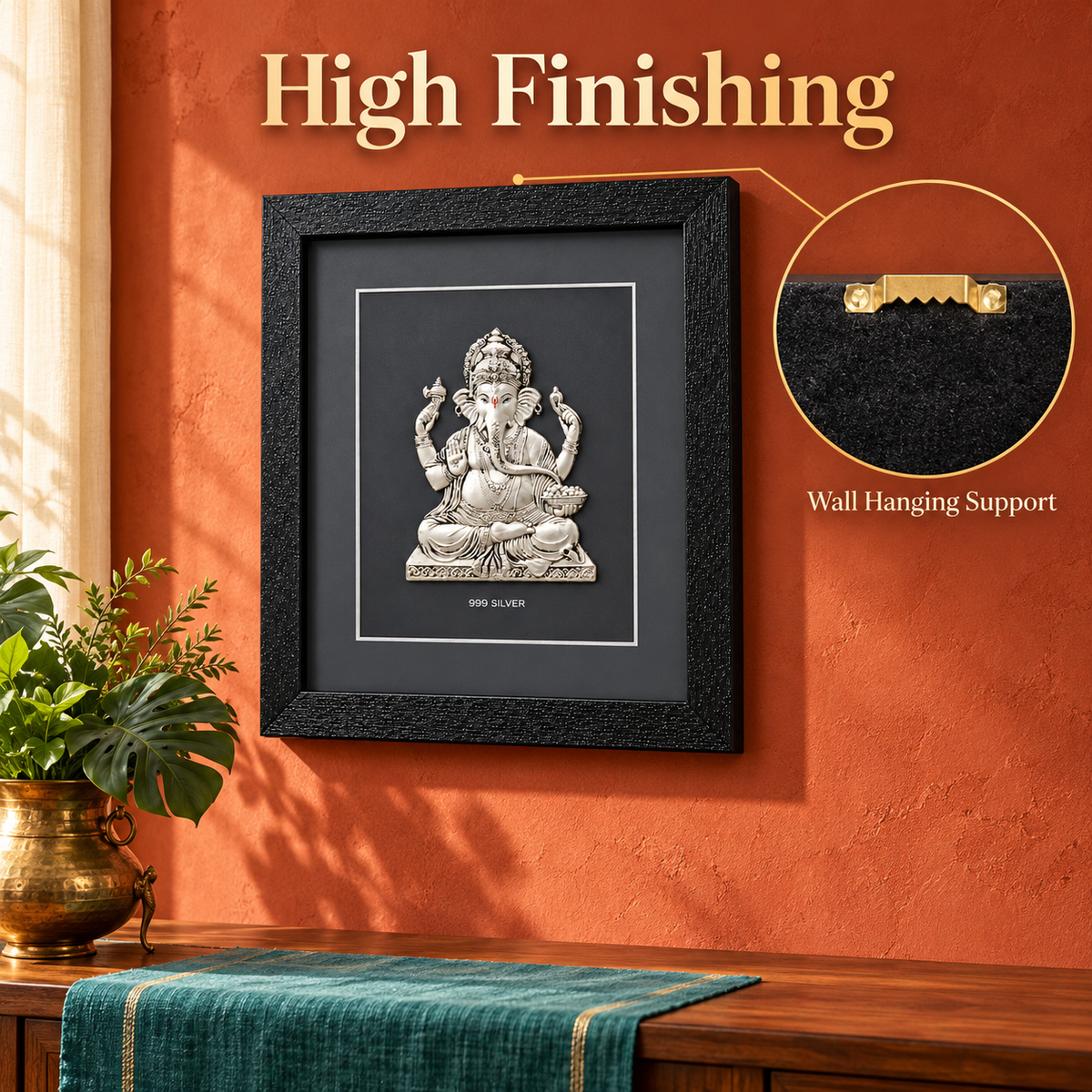 Akshat Sapphire 999 Silver Ganesh Ji Wall Hanging Frame with Black Border | Lord Ganesha Wall Decor for Home Mandir, Office & Housewarming Gift-(FRB_GANESH)