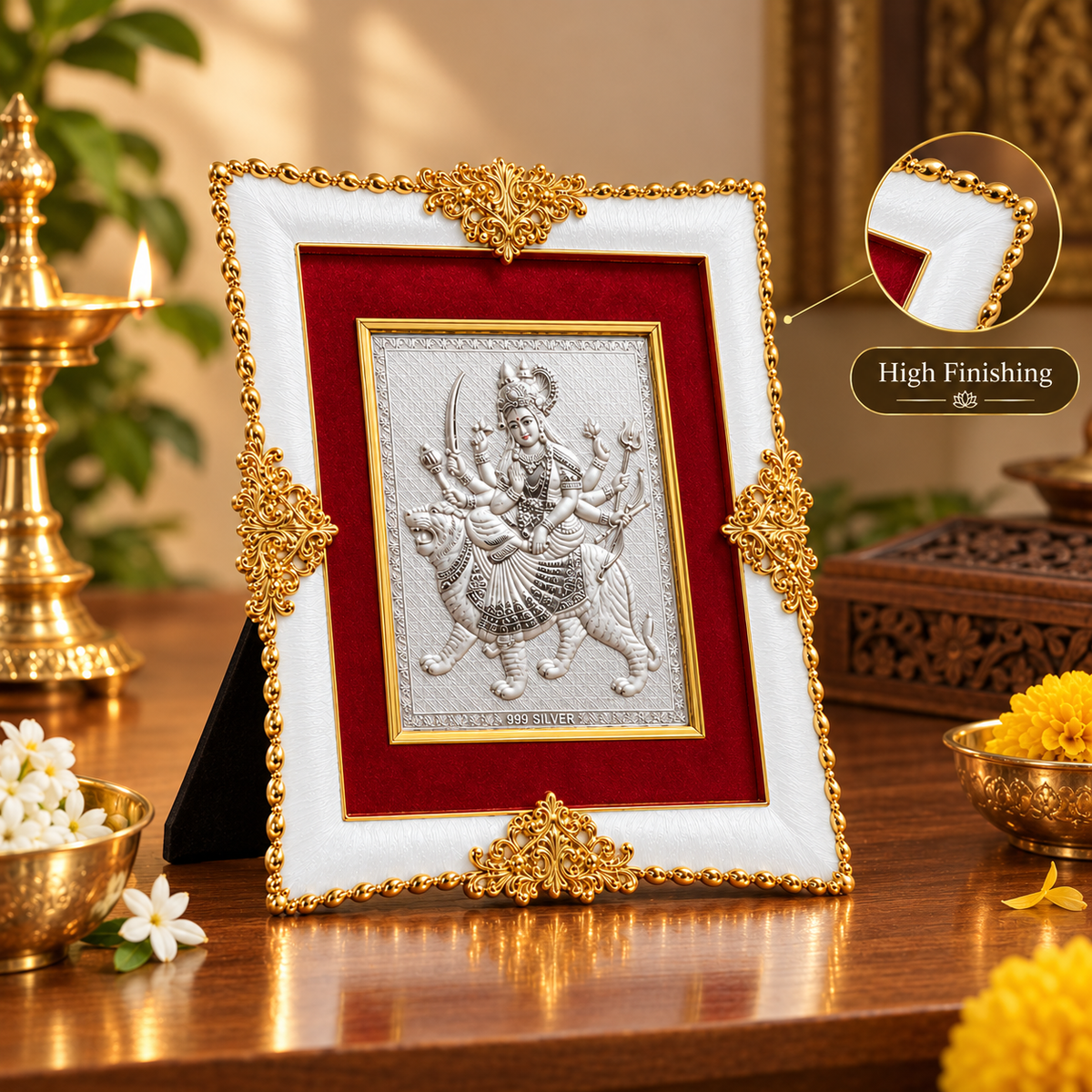 Akshat Sapphire Durga Maa 999 Silver Deity Panel Frame, White & Gold-Tone Border, Religious Decor for Home Mandir & Pooja Room, Navratri & Housewarming Gift