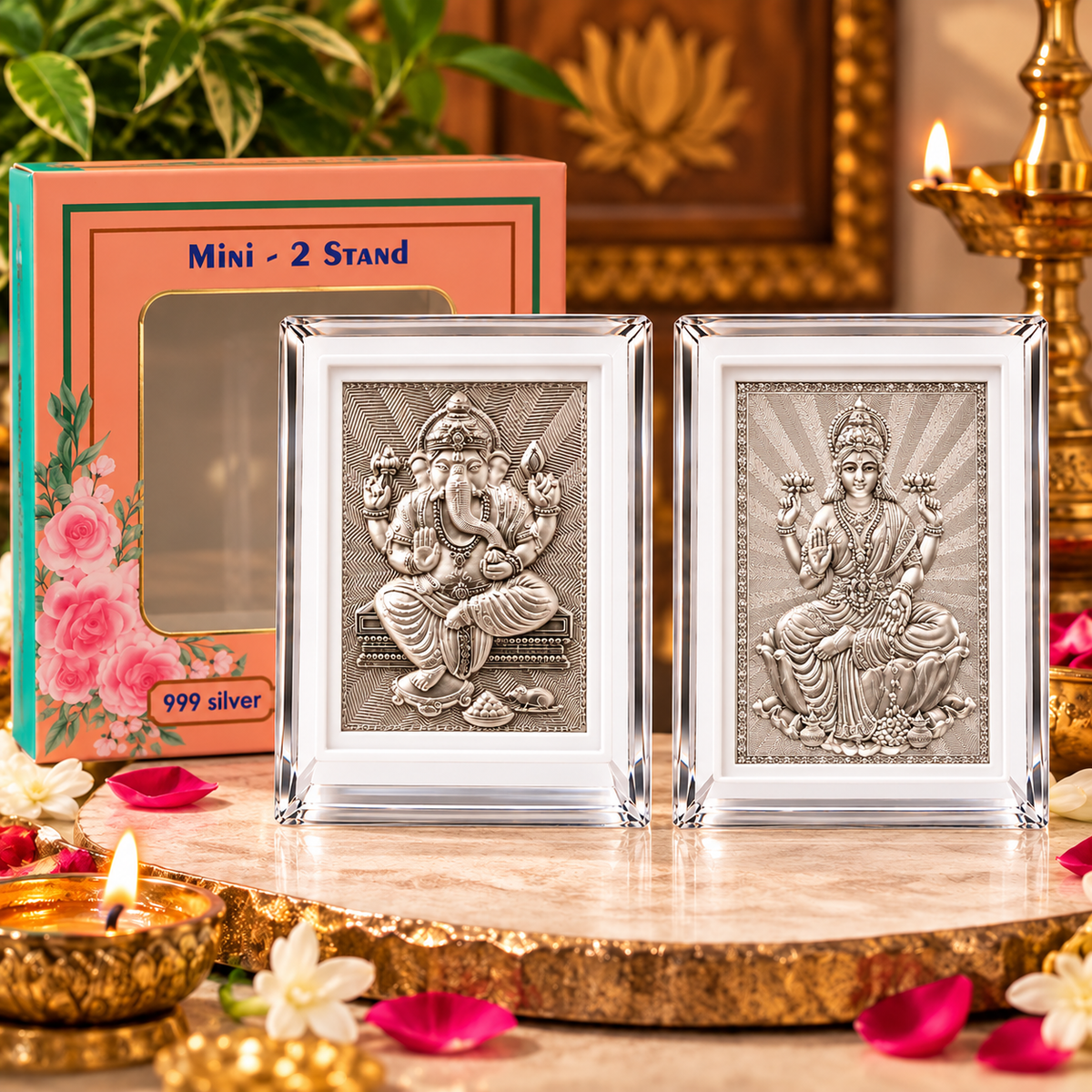 999 Silver Ganesh & Lakshmi Frame Set for Pooja & Gifting | Gift Ready