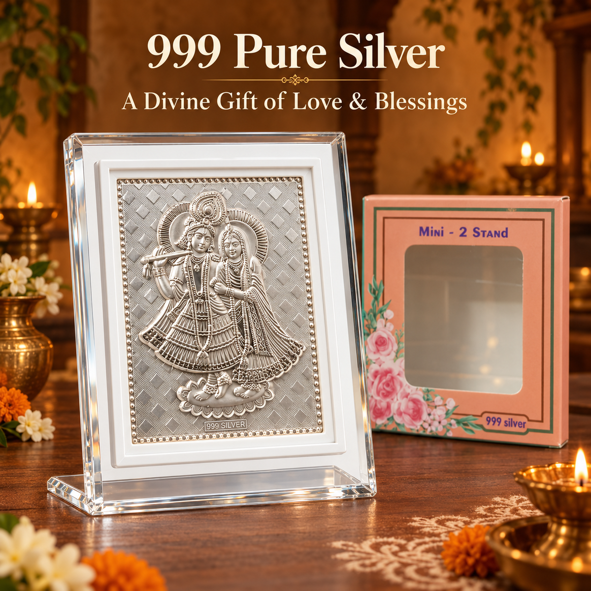 999 Pure Silver Radha Krishna Frame for Pooja, Home, Temple & Gifting