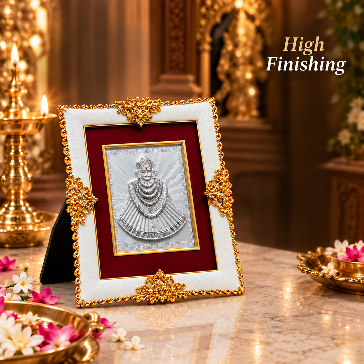 Akshat Sapphire Khatu Shyam Ji 999 Silver Deity Panel Frame, White & Gold-Tone Border, Home Mandir & Pooja Room Decor, Religious Housewarming & Diwali Gift