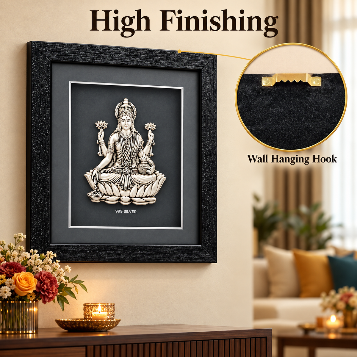 Akshat Sapphire 999 Silver Lakshmi Ji Wall Hanging Frame with Black Border | Maa Laxmi Religious Wall Decor for Home Mandir, Office & Diwali Gift-(FRB_LAXMI)