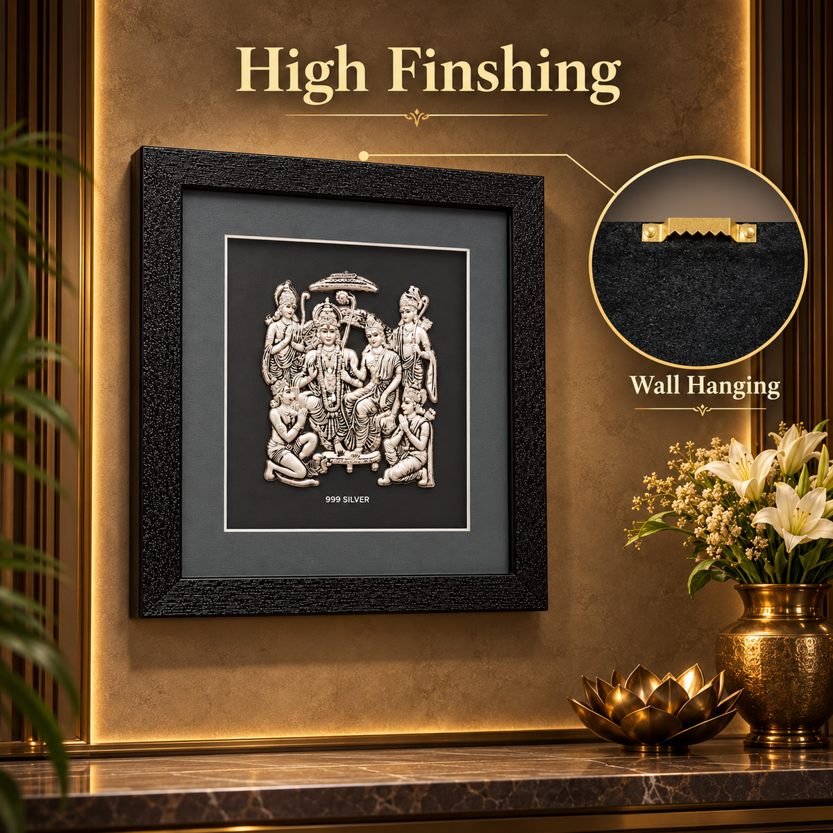 Akshat Sapphire 999 Silver Ram Darbar Wall Hanging Frame with Black Border | Shri Ram Sita Lakshman Hanuman Religious Wall Decor for Home Mandir & Gifting-(FRB_Ram Darbar)