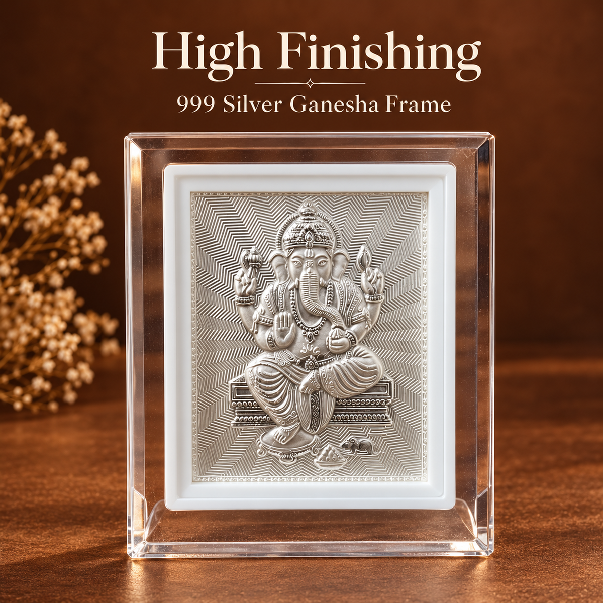 999 Pure Silver God Ganesh Frame with 999 Marking for Pooja, Home Temple, Diwali & Religious Gifting