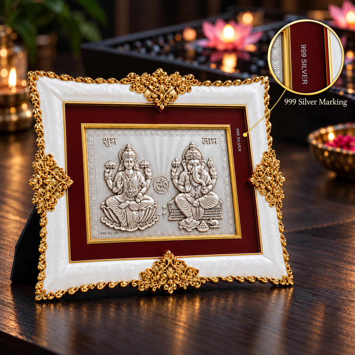 Akshat Sapphire Lakshmi Ganesh 999 Silver Deity Panel Frame with Stand, Shubh Labh & Om Design, Home Mandir Decor, Diwali & Housewarming Gift-(FRM_Laxmi Ganesh)