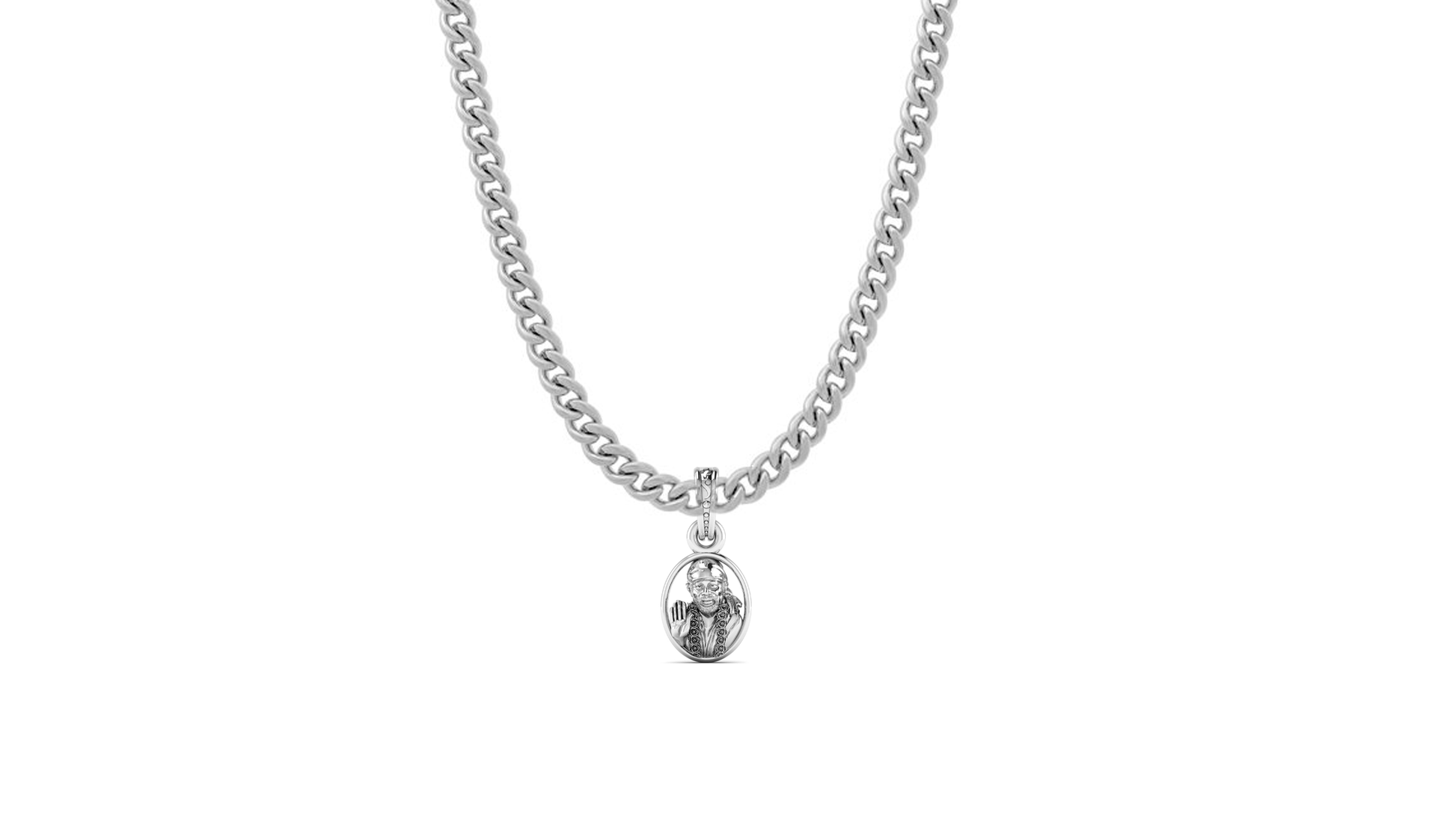 AKSHAT SAPPHIRE Sterling Silver (Silver with 92.5% purity) God Shree Sai Baba chain Pendant (Pendant with Curb Chain-22 inches) for Men & Women Pure Sterling Silver Lord Sai Baba chain Locket For Good Wealth & Health Akshat Sapphire