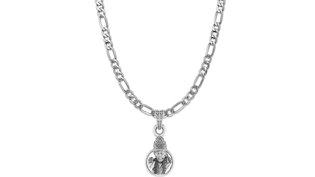 AKSHAT SAPPHIRE Sterling Silver (Silver with 92.5% purity) God Shree Sai Baba chain Pendant (Pendant with Figaro Chain-22 inches) for Men & Women Pure Sterling Silver Lord Sai Baba chain Locket For Good Wealth & Health Akshat Sapphire