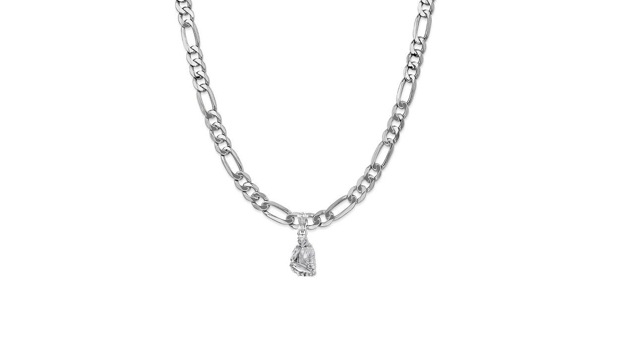 AKSHAT SAPPHIRE Sterling Silver (Silver with 92.5% purity) God Shree Sai Baba chain Pendant (Pendant with Figaro Chain-22 inches) for Men & Women Pure Sterling Silver Lord Sai Baba chain Locket For Good Wealth & Health Akshat Sapphire