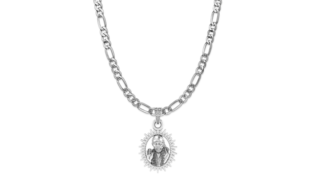 AKSHAT SAPPHIRE Sterling Silver (Silver with 92.5% purity) God Shree Sai Baba chain Pendant (Pendant with Figaro Chain-22 inches) for Men & Women Pure Sterling Silver Lord Sai Baba chain Locket For Good Wealth & Health Akshat Sapphire