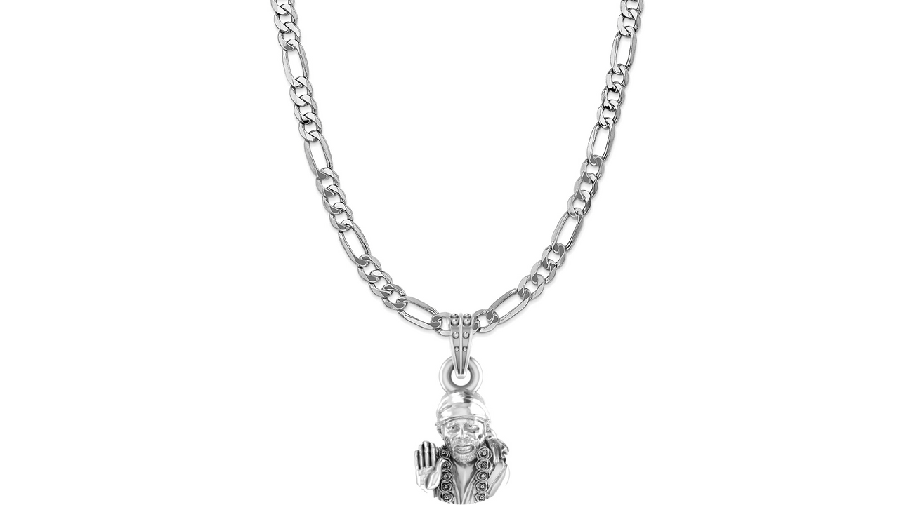 AKSHAT SAPPHIRE Sterling Silver (Silver with 92.5% purity) God Shree Sai Baba chain Pendant (Pendant with Figaro Chain-22 inches) for Men & Women Pure Sterling Silver Lord Sai Baba chain Locket For Good Wealth & Health Akshat Sapphire
