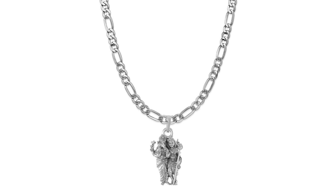 Akshat Sapphire Sterling Silver (92.5% purity) God Ganesh kartikeya Brother Chain Pendant (Pendant with Figaro Chain-22 inches) for Men & Women Pure Silver Lord Ganapathy Murugan Chain Locket for Good Health & Wealth Akshat Sapphire