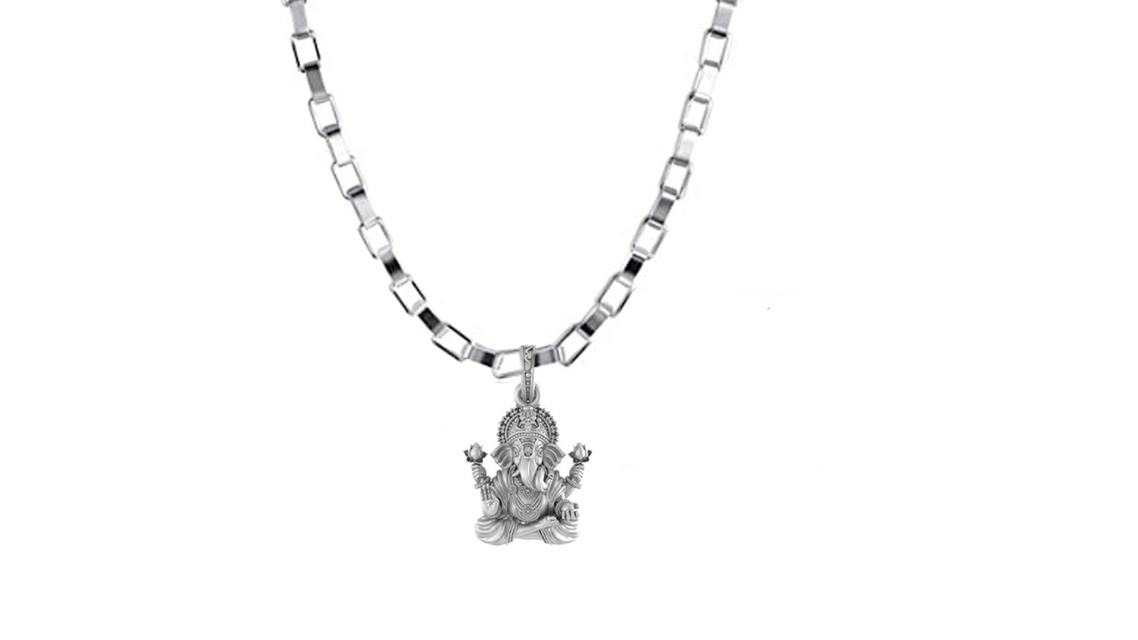 Akshat Sapphire Sterling Silver (92.5% purity) God Ganesha Chain Pendant (Pendant with Box Chain-22 inches) for Men & Women Pure Silver Lord Ganapathy Chain Locket for Good Health & Wealth Akshat Sapphire