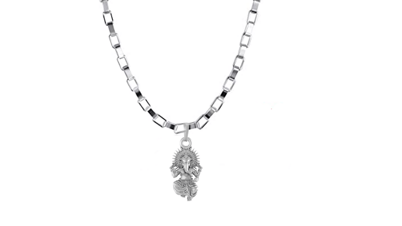 Akshat Sapphire Sterling Silver (92.5% purity) God Ganesha Chain Pendant (Pendant with Box Chain-22 inches) for Men & Women Pure Silver Lord Ganapathy Chain Locket for Good Health & Wealth Akshat Sapphire