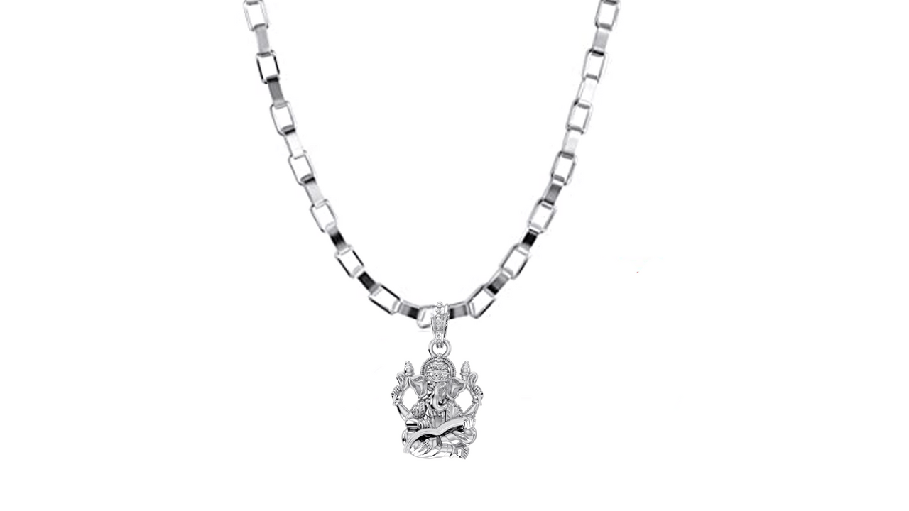 Akshat Sapphire Sterling Silver (92.5% purity) God Ganesha Chain Pendant (Pendant with Box Chain-22 inches) for Men & Women Pure Silver Lord Ganapathy Chain Locket for Good Health & Wealth Akshat Sapphire
