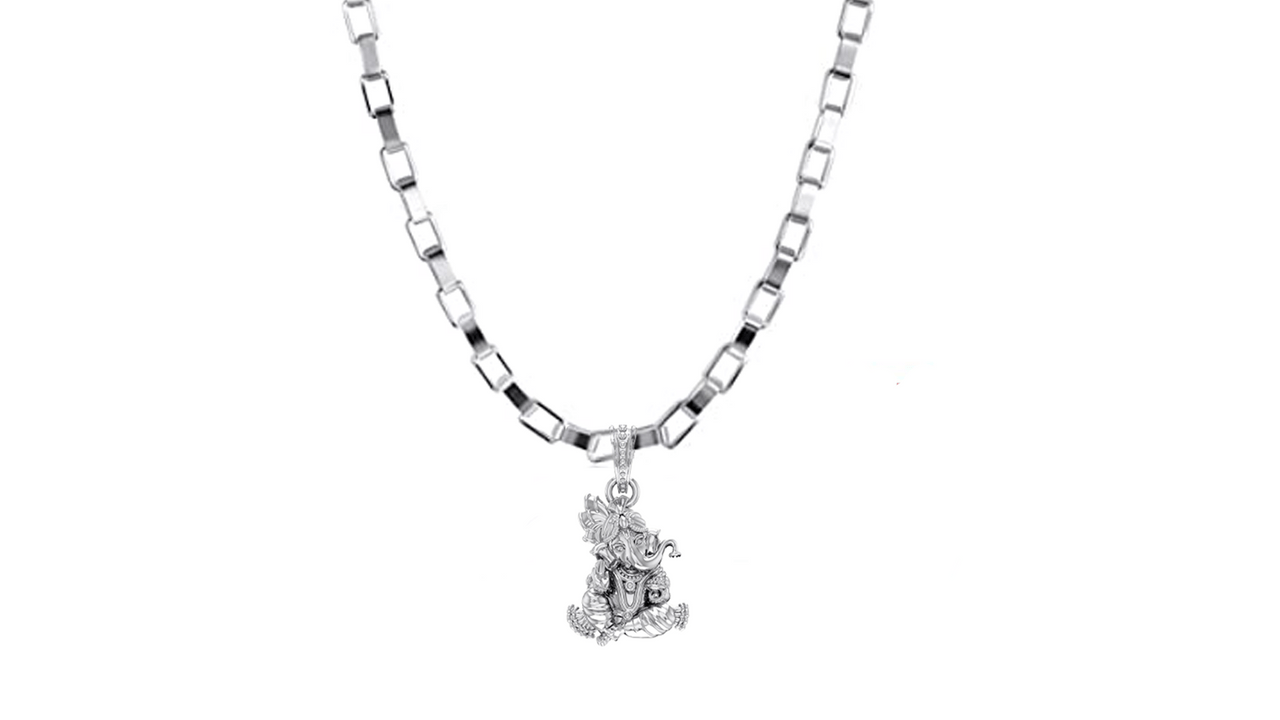 Akshat Sapphire Sterling Silver (92.5% purity) God Ganesha Chain Pendant (Pendant with Box Chain-22 inches) for Men & Women Pure Silver Lord Ganapathy Chain Locket for Good Health & Wealth Akshat Sapphire