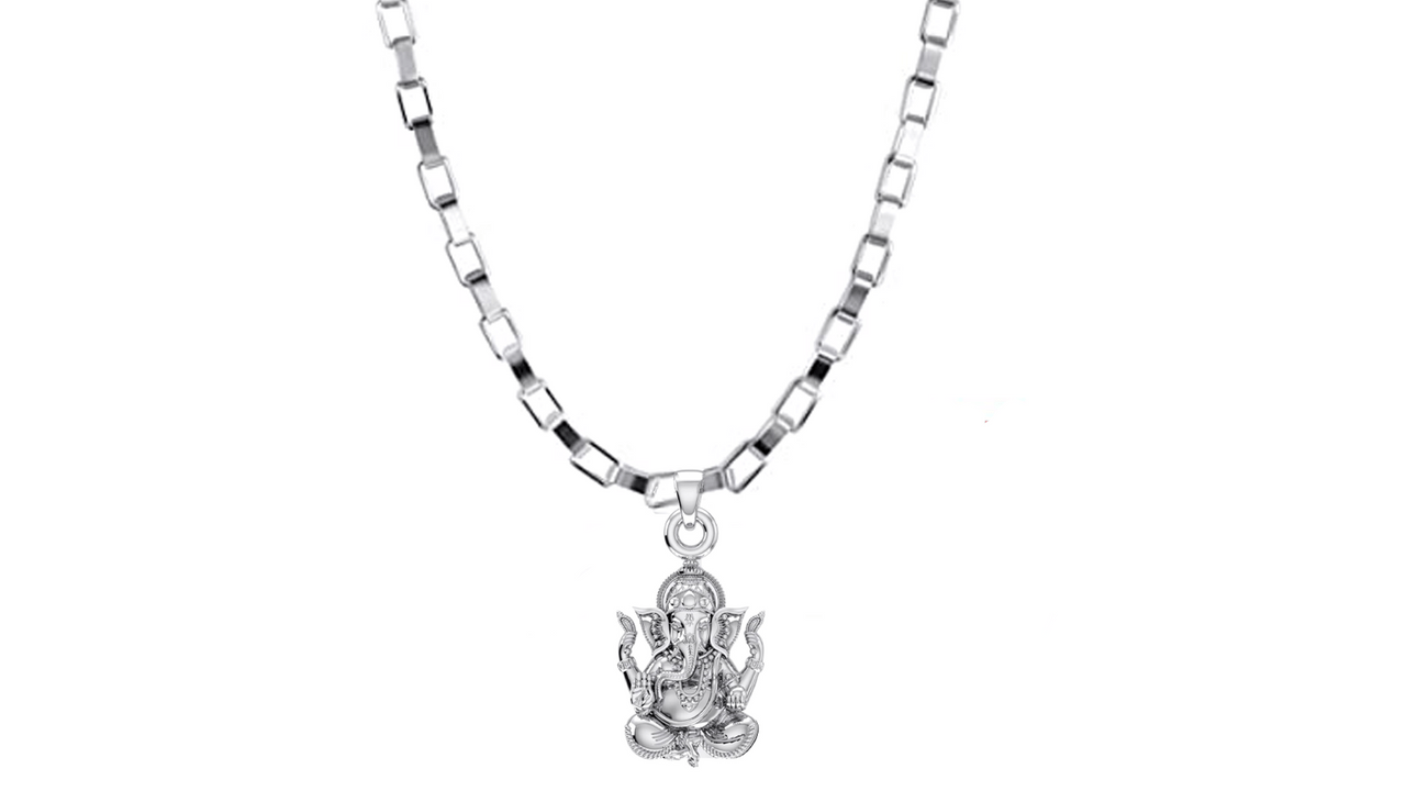 Akshat Sapphire Sterling Silver (92.5% purity) God Ganesha Chain Pendant (Pendant with Box Chain-22 inches) for Men & Women Pure Silver Lord Ganapathy Chain Locket for Good Health & Wealth Akshat Sapphire