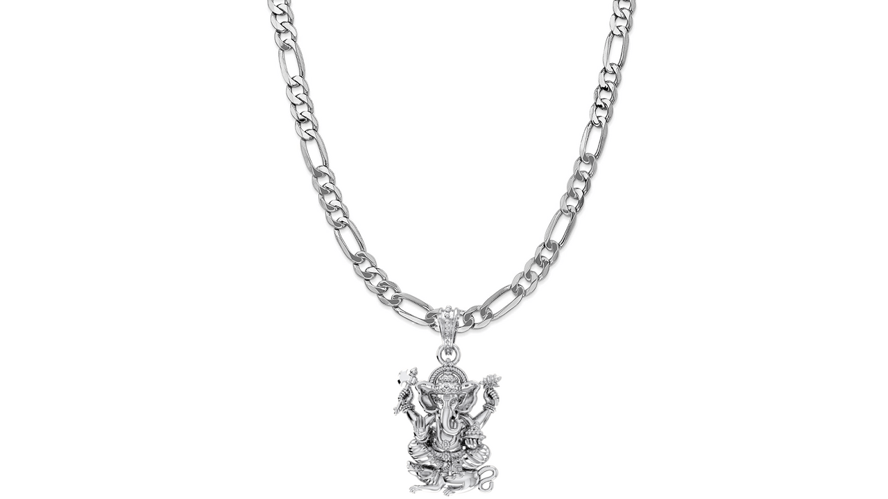 Akshat Sapphire Sterling Silver (92.5% purity) God Ganesha Chain Pendant (Pendant with Figaro Chain-22 inches) for Men & Women Pure Silver Lord Ganapathy Chain Locket for Good Health & Wealth Akshat Sapphire