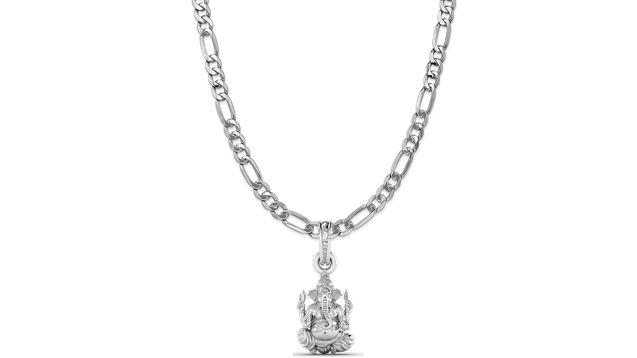 Akshat Sapphire Sterling Silver (92.5% purity) God Ganesha Chain Pendant (Pendant with Figaro Chain-22 inches) for Men & Women Pure Silver Lord Ganapathy Chain Locket for Good Health & Wealth Akshat Sapphire