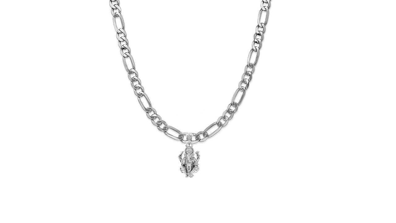 Akshat Sapphire Sterling Silver (92.5% purity) God Ganesha Chain Pendant (Pendant with Figaro Chain-22 inches) for Men & Women Pure Silver Lord Ganapathy Chain Locket for Good Health & Wealth Akshat Sapphire