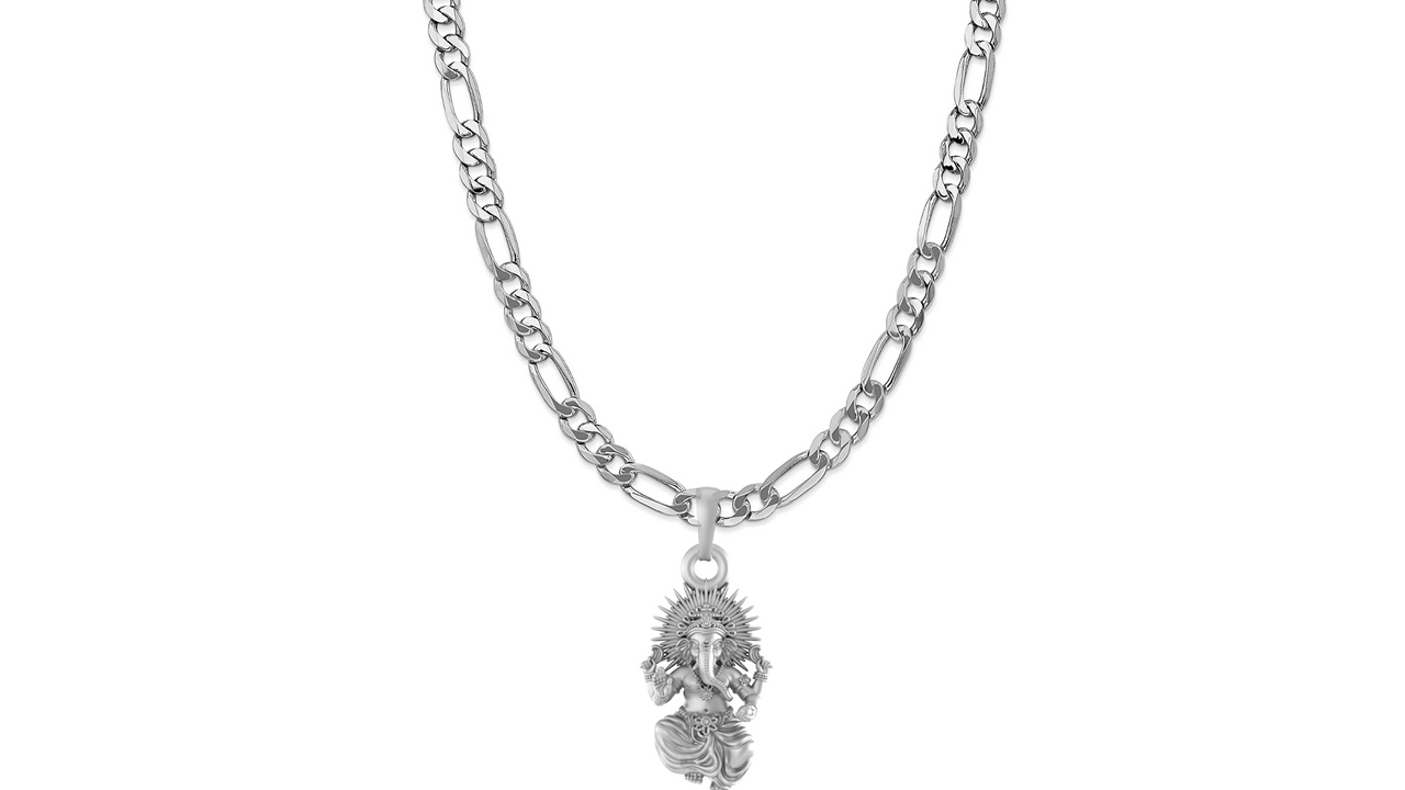 Akshat Sapphire Sterling Silver (92.5% purity) God Ganesha Chain Pendant (Pendant with Figaro Chain-22 inches) for Men & Women Pure Silver Lord Ganapathy Chain Locket for Good Health & Wealth Akshat Sapphire