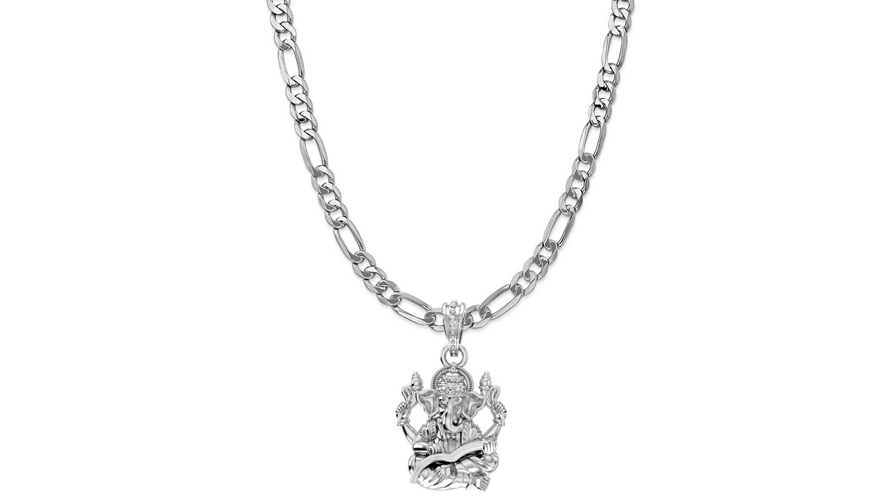 Akshat Sapphire Sterling Silver (92.5% purity) God Ganesha Chain Pendant (Pendant with Figaro Chain-22 inches) for Men & Women Pure Silver Lord Ganapathy Chain Locket for Good Health & Wealth Akshat Sapphire