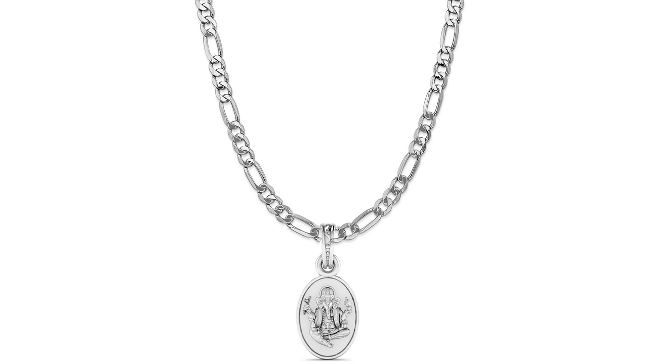 Akshat Sapphire Sterling Silver (92.5% purity) God Ganesha Chain Pendant (Pendant with Figaro Chain-22 inches) for Men & Women Pure Silver Lord Ganapathy Chain Locket for Good Health & Wealth Akshat Sapphire