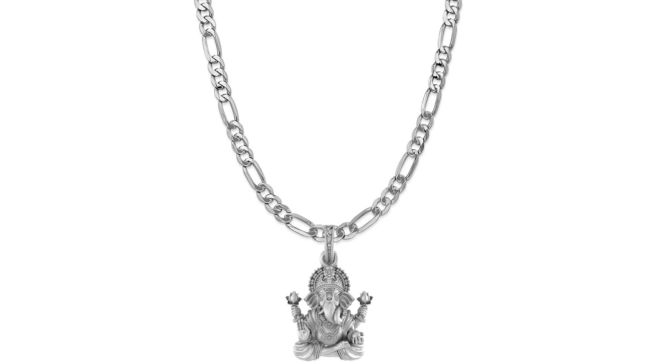 Akshat Sapphire Sterling Silver (92.5% purity) God Ganesha Chain Pendant (Pendant with Figaro Chain-22 inches) for Men & Women Pure Silver Lord Ganapathy Chain Locket for Good Health & Wealth Akshat Sapphire