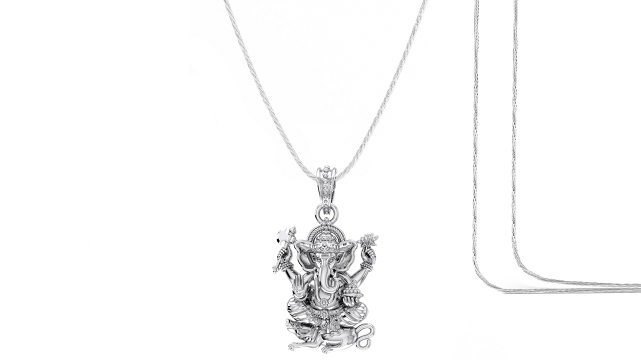 Akshat Sapphire Sterling Silver (92.5% purity) God Ganesha Chain Pendant (Pendant with Rope Chain) for Men & Women Pure Silver Lord Ganapathy Chain Locket for Good Health & Wealth Akshat Sapphire