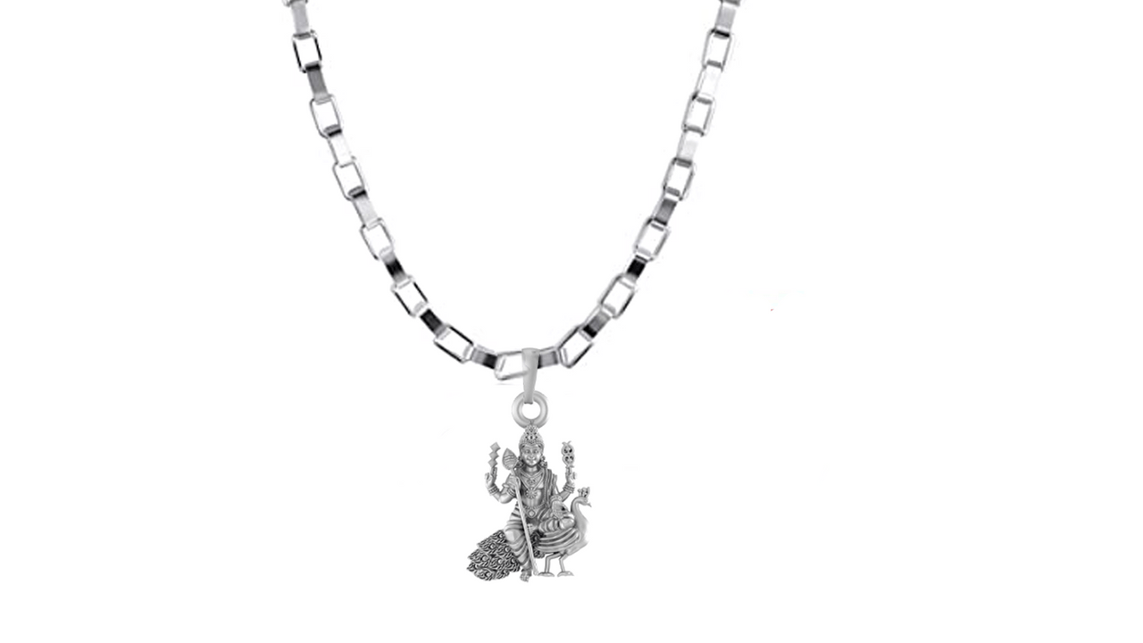 Akshat Sapphire Sterling Silver (92.5% purity) God Kartikeya Chain Pendant (Pendant with Box Chain-22 inches) for Men & Women Pure Silver Lord Kartikeya Chain Locket for Good Health & Wealth Akshat Sapphire