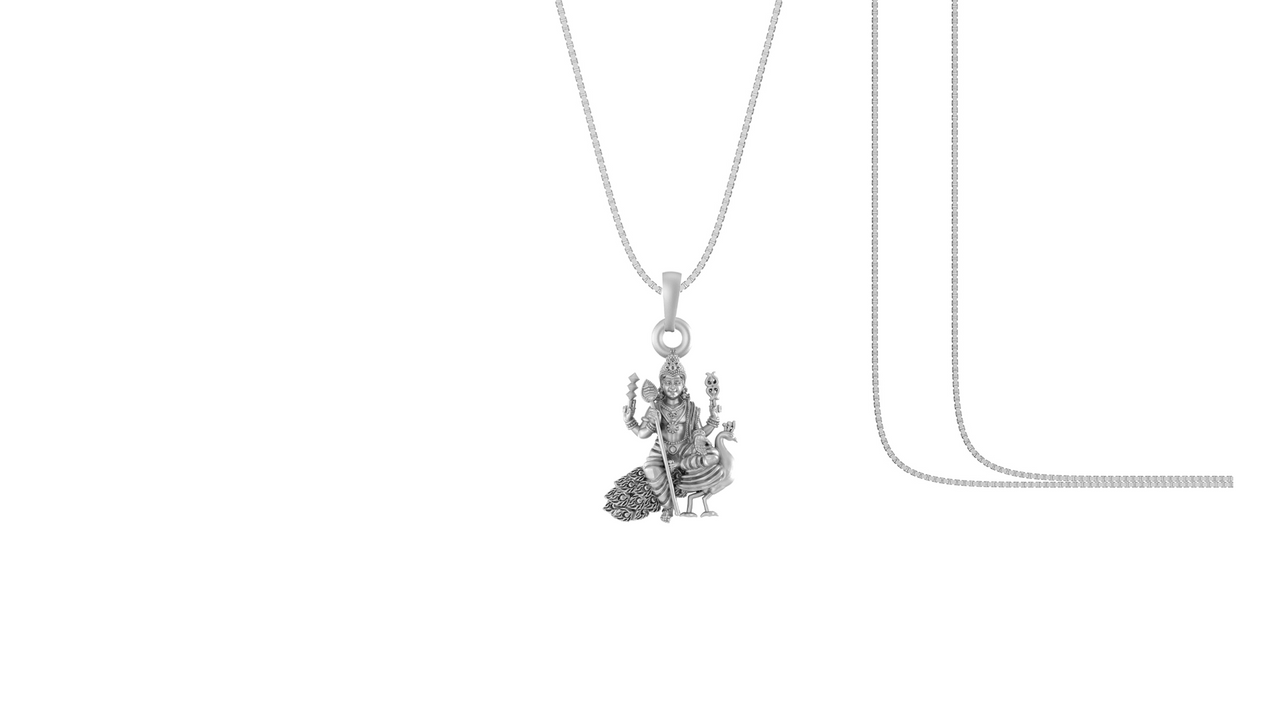 Akshat Sapphire Sterling Silver (92.5% purity) God Kartikeya Chain Pendant (Pendant with Box Chain) for Men & Women Pure Silver Lord Kartikeya Chain Locket for Good Health & Wealth Akshat Sapphire