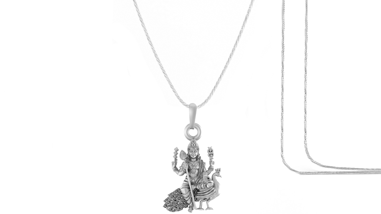 Akshat Sapphire Sterling Silver (92.5% purity) God Kartikeya Chain Pendant (Pendant with Rope Chain) for Men & Women Pure Silver Lord Kartikeya Chain Locket for Good Health & Wealth Akshat Sapphire