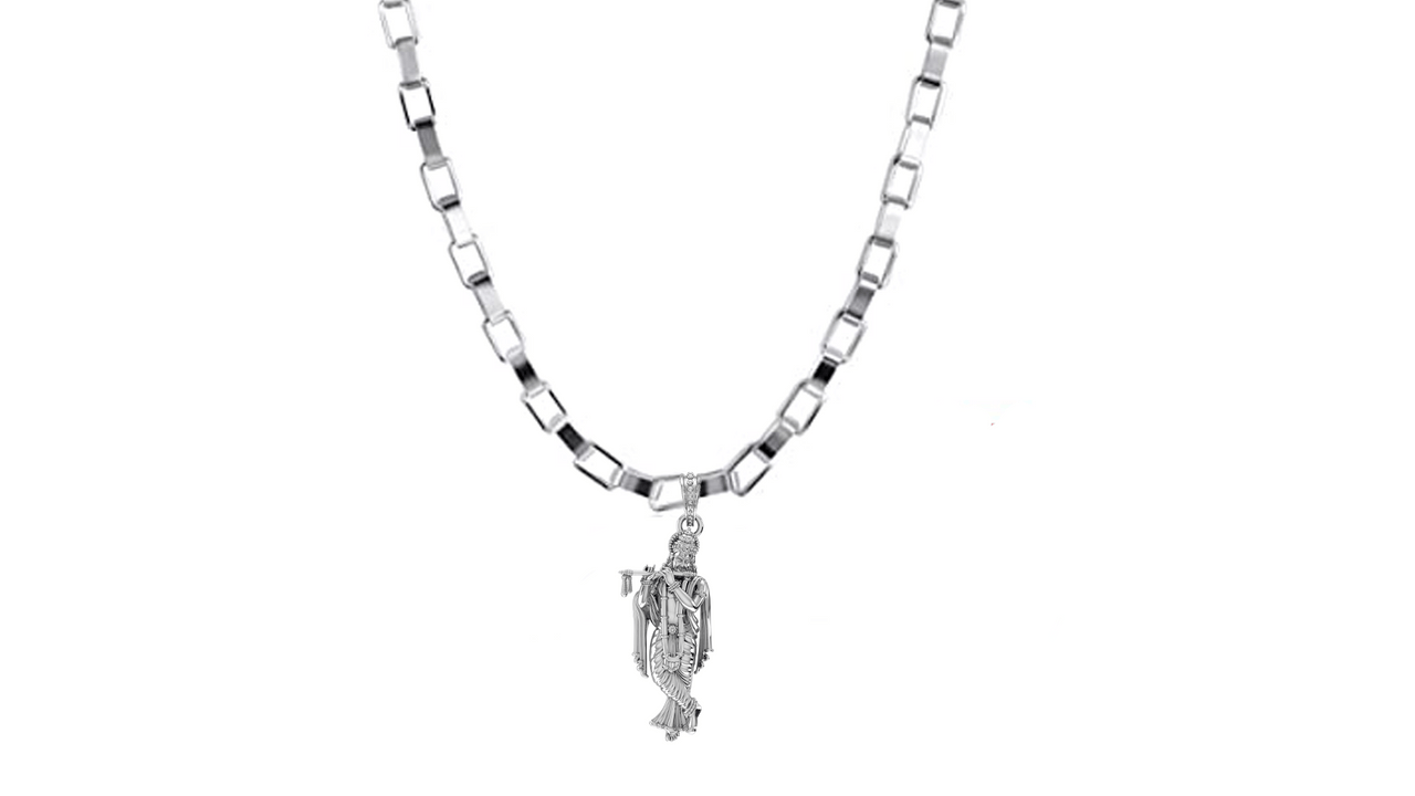 Akshat Sapphire Sterling Silver (92.5% purity) God Krishna Chain Pendant (Pendant with Box Chain-22 inches) for Men & Women Pure Silver Lord Krishna Chain Locket for Good Health & Wealth Akshat Sapphire