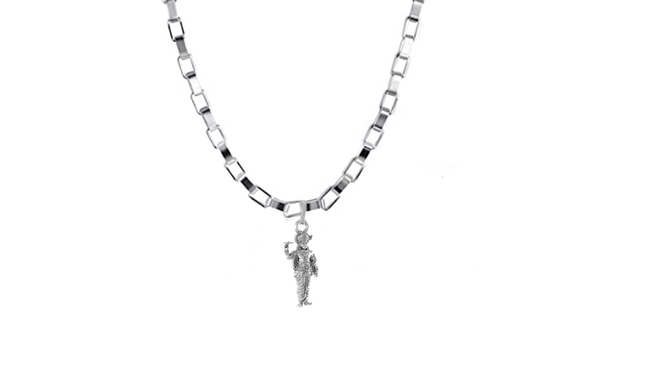 Akshat Sapphire Sterling Silver (92.5% purity) God Krishna Chain Pendant (Pendant with Box Chain-22 inches) for Men & Women Pure Silver Lord Krishna Chain Locket for Good Health & Wealth Akshat Sapphire