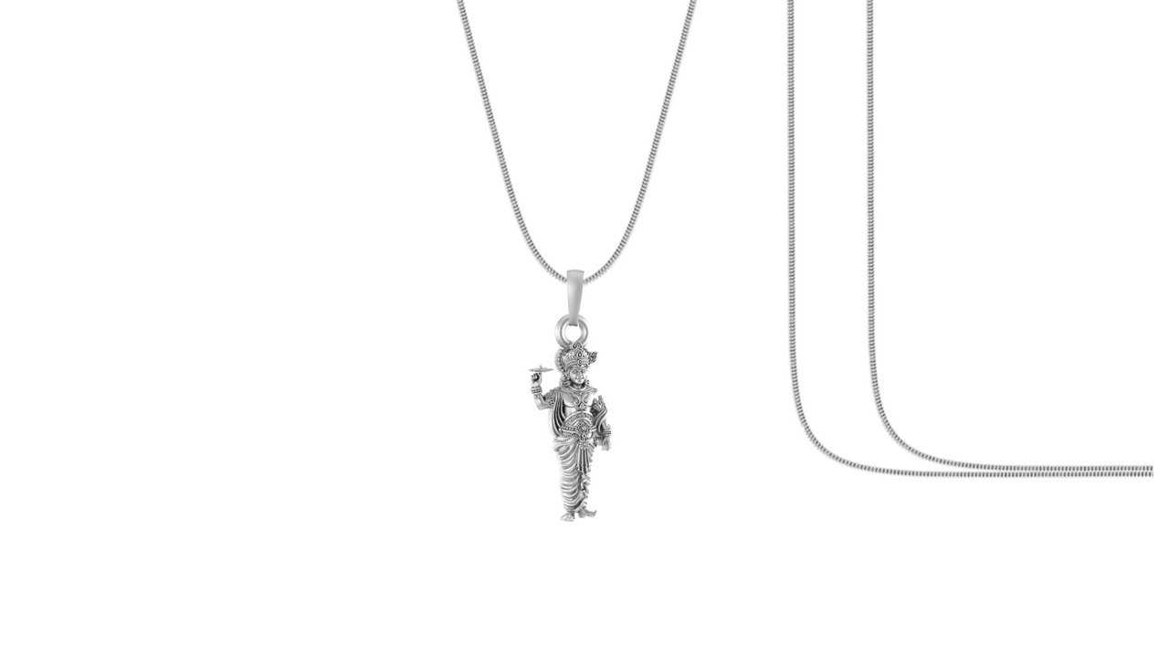 Akshat Sapphire Sterling Silver (92.5% purity) God Krishna Chain Pendant (Pendant with Snake Chain) for Men & Women Pure Silver Lord Krishna Chain Locket for Good Health & Wealth Akshat Sapphire