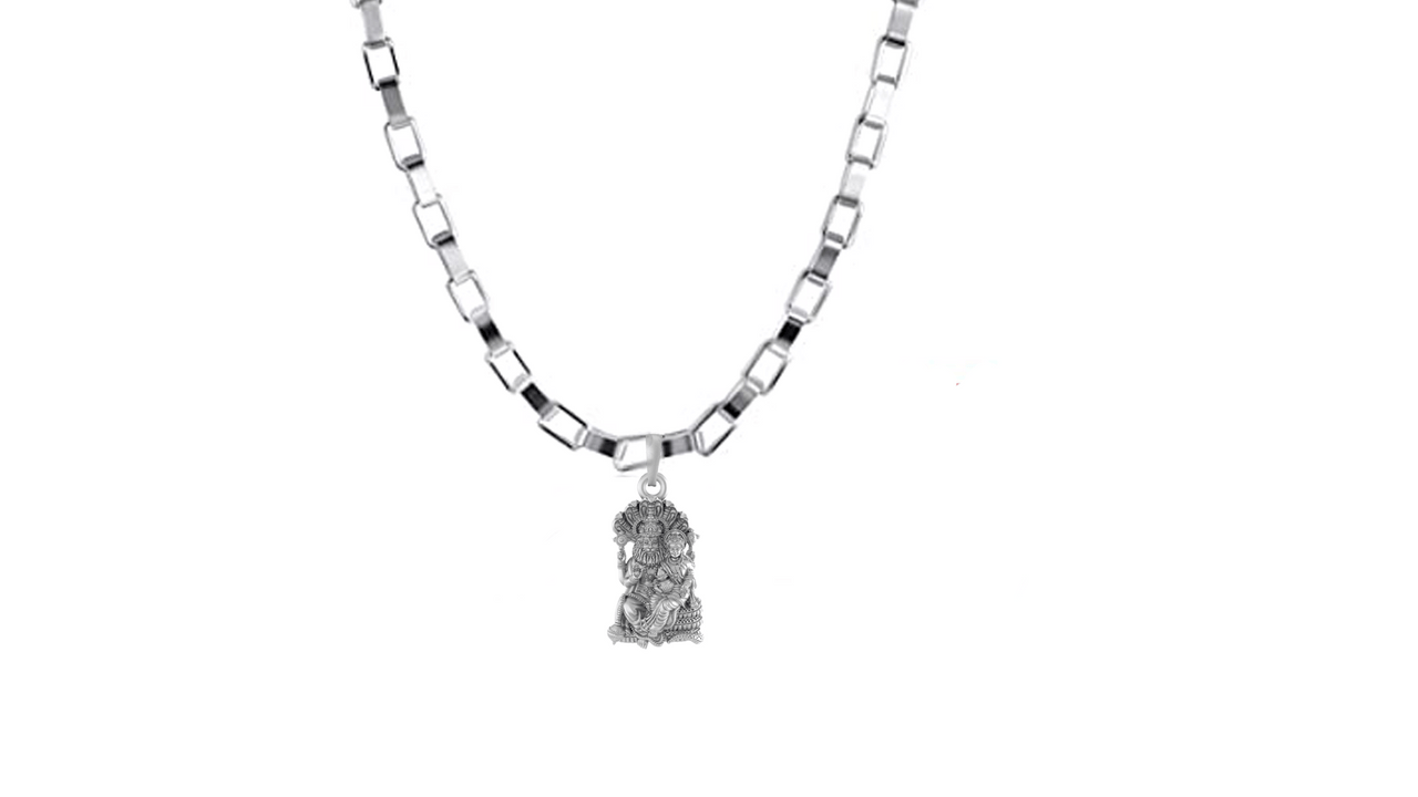 Akshat Sapphire Sterling Silver (92.5% purity) God Narsimha and Laxmi ji Chain Pendant (Pendant with Box Chain-22 inches) for Men & Women Pure Silver Lord Narsimha and Laxmi ji Chain Locket for Health & Wealth Akshat Sapphire