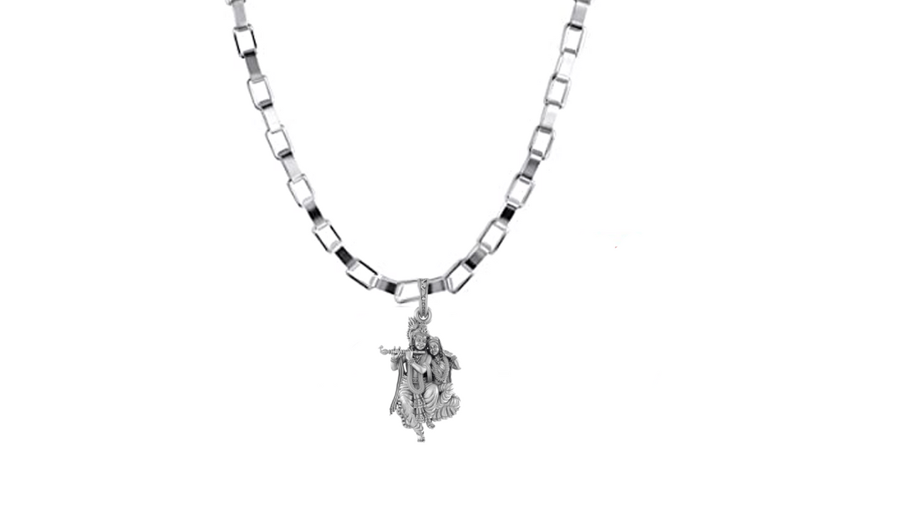 Akshat Sapphire Sterling Silver (92.5% purity) God Radha Krishna Chain Pendant (Pendant with Box Chain-22 inches) for Men & Women Pure Silver Lord Radha kishan Chain Locket for Good Health & Wealth Akshat Sapphire