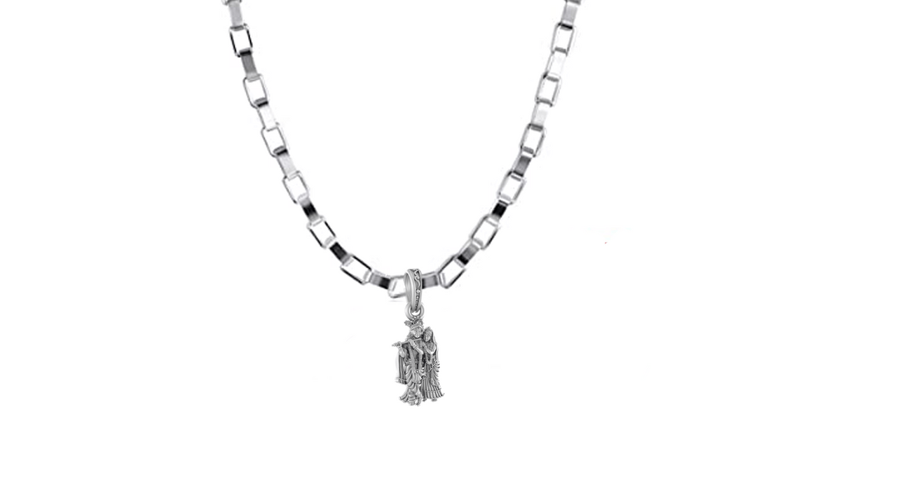 Akshat Sapphire Sterling Silver (92.5% purity) God Radha Krishna Chain Pendant (Pendant with Box Chain-22 inches) for Men & Women Pure Silver Lord Radha kishan Chain Locket for Good Health & Wealth Akshat Sapphire