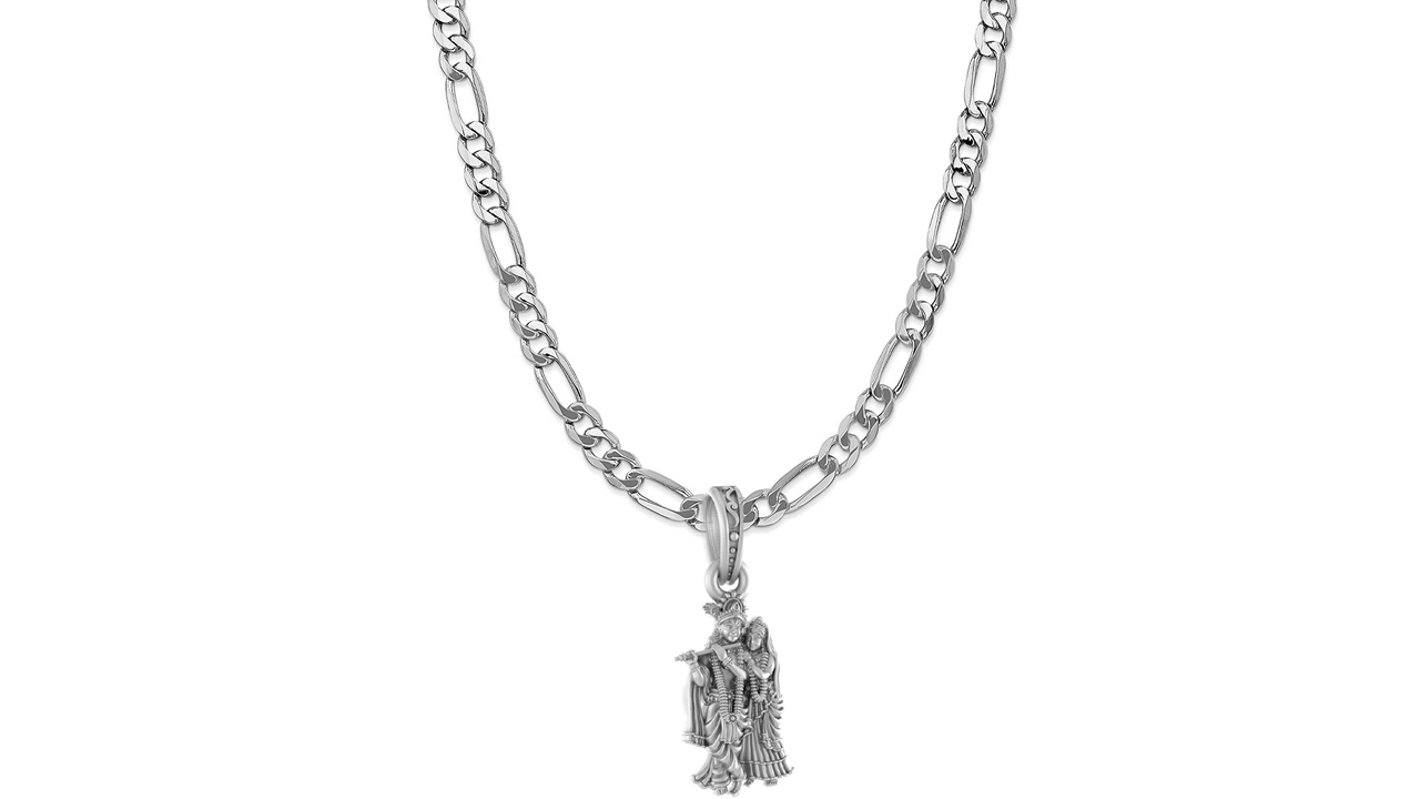 Akshat Sapphire Sterling Silver (92.5% purity) God Radha Krishna Chain Pendant (Pendant with Figaro Chain-22 inches) for Men & Women Pure Silver Lord Radha kishan Chain Locket for Good Health & Wealth Akshat Sapphire