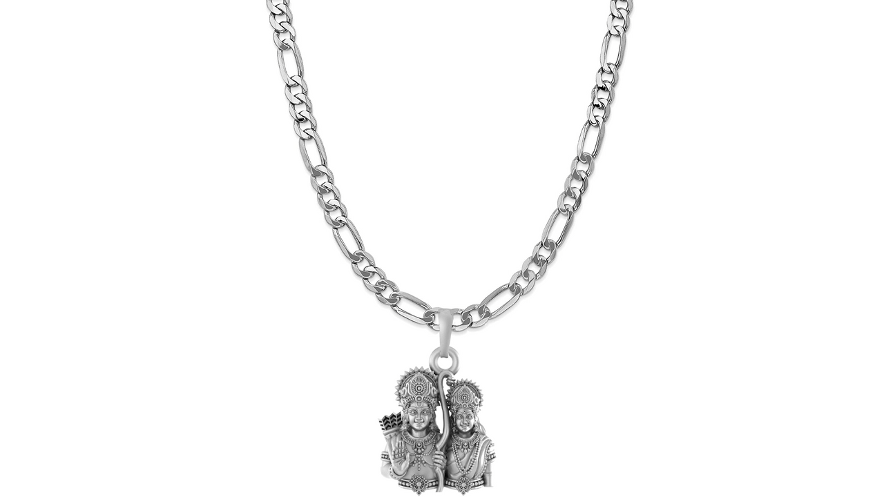 Akshat Sapphire Sterling Silver (92.5% purity) God Ram Sita ji Chain Pendant (Pendant with Figaro Chain-22 inches) for Men & Women Pure Silver Lord Ram Sita Chain Locket for Good Health & Wealth Akshat Sapphire