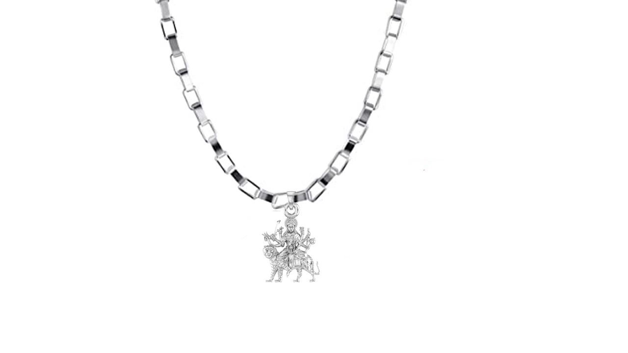 Akshat Sapphire Sterling Silver (92.5% purity) Goddess Durga Maa Chain Pendant (Pendant with Box Chain-22 inches) for Men & Women Pure Silver Durga Maa chain Locket for Good Health & Wealth Akshat Sapphire