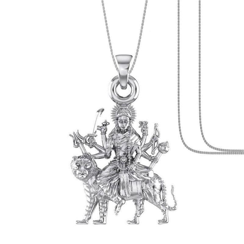 Akshat Sapphire Sterling Silver (92.5% purity) Goddess Durga Maa Chain Pendant (Pendant with Box Chain) for Men & Women Pure Silver Durga Maa chain Locket for Good Health & Wealth Akshat Sapphire