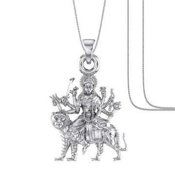 Akshat Sapphire Sterling Silver (92.5% purity) Goddess Durga Maa Chain Pendant (Pendant with Box Chain) for Men & Women Pure Silver Durga Maa chain Locket for Good Health & Wealth Akshat Sapphire