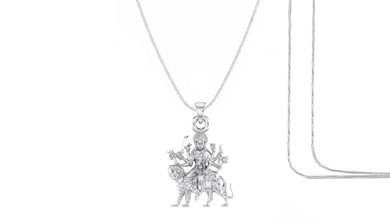 Akshat Sapphire Sterling Silver (92.5% purity) Goddess Durga Maa Chain Pendant (Pendant with Rope Chain-22 inches) for Men & Women Pure Silver Durga Maa chain Locket for Good Health & Wealth Akshat Sapphire