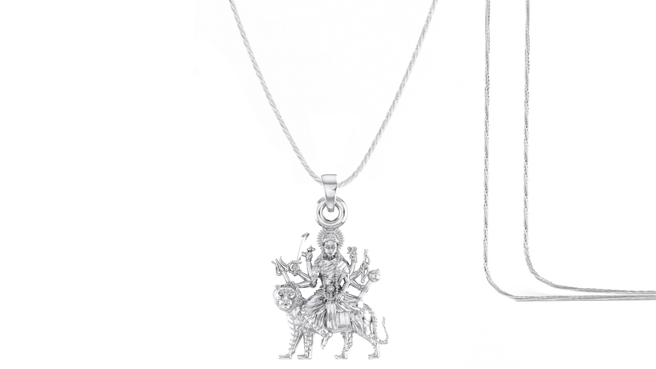 Akshat Sapphire Sterling Silver (92.5% purity) Goddess Durga Maa Chain Pendant (Pendant with Rope Chain) for Men & Women Pure Silver Durga Maa chain Locket for Good Health & Wealth Akshat Sapphire