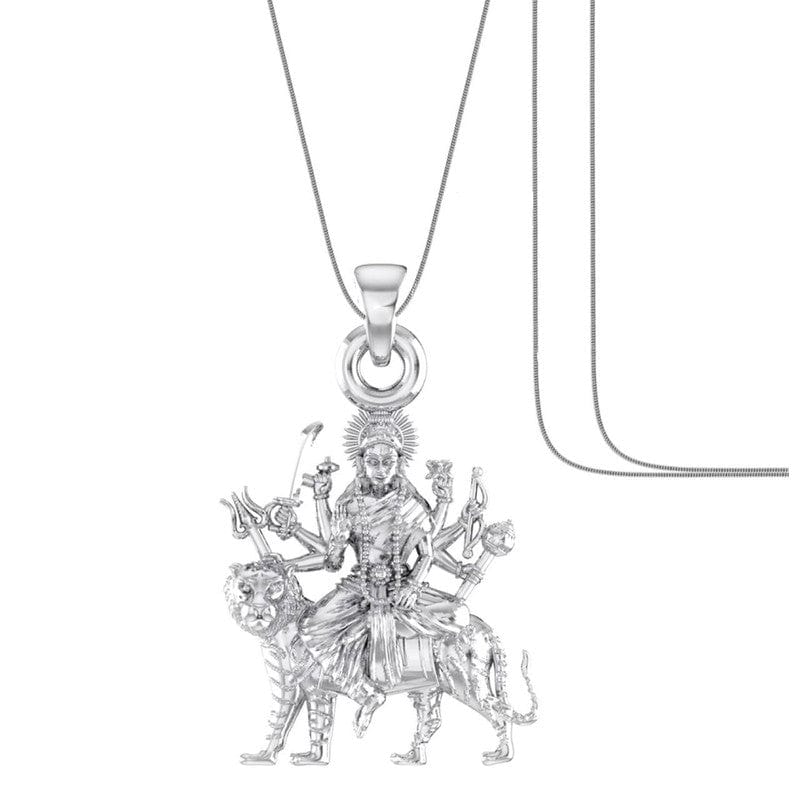 Akshat Sapphire Sterling Silver (92.5% purity) Goddess Durga Maa Chain Pendant (Pendant with Snake Chain) for Men & Women Pure Silver Durga Maa chain Locket for Good Health & Wealth Akshat Sapphire
