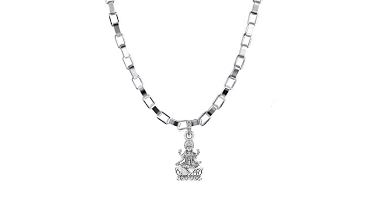 Akshat Sapphire Sterling Silver (92.5% purity) Goddess Laxmi Ji Chain Pendant (Pendant with Box Chain-22 inches) for Men & Women Pure Silver Lord Laxmi Ji Chain Locket for Health & Wealth Akshat Sapphire