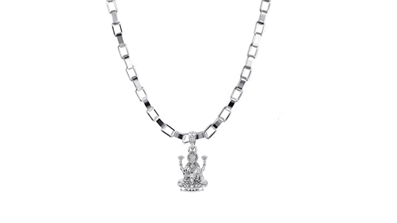 Akshat Sapphire Sterling Silver (92.5% purity) Goddess Laxmi Ji Chain Pendant (Pendant with Box Chain-22 inches) for Men & Women Pure Silver Lord Laxmi Ji Chain Locket for Health & Wealth Akshat Sapphire