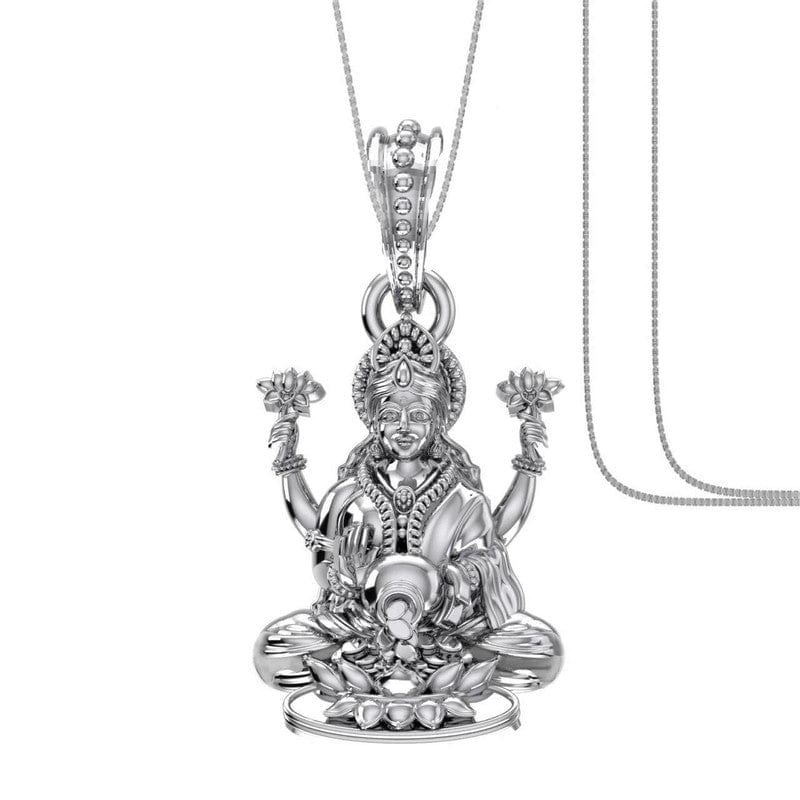 Akshat Sapphire Sterling Silver (92.5% purity) Goddess Laxmi Ji Chain Pendant (Pendant with Box Chain) for Men & Women Pure Silver Lord Laxmi Ji Chain Locket for Health & Wealth Akshat Sapphire