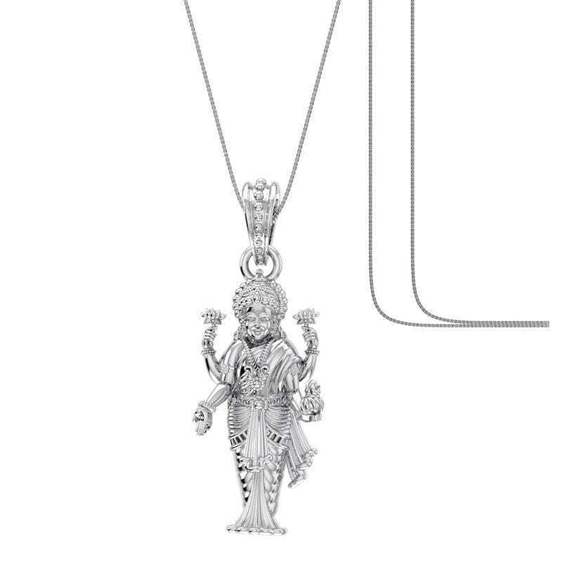 Akshat Sapphire Sterling Silver (92.5% purity) Goddess Laxmi Ji Chain Pendant (Pendant with Box Chain) for Men & Women Pure Silver Lord Laxmi Ji Chain Locket for Health & Wealth Akshat Sapphire