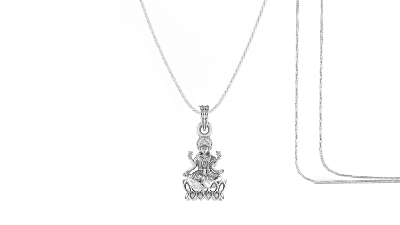 Akshat Sapphire Sterling Silver (92.5% purity) Goddess Laxmi Ji Chain Pendant (Pendant with Rope Chain-22 inches) for Men & Women Pure Silver Lord Laxmi Ji Chain Locket for Health & Wealth Akshat Sapphire